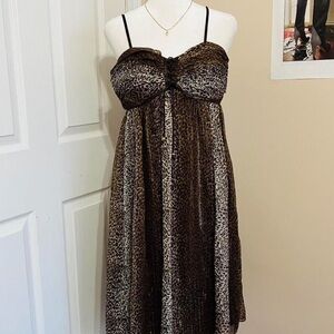 Nicole Miller sz 12 Brown Leopard Print with gold shimmer Spaghetti Strap Dress